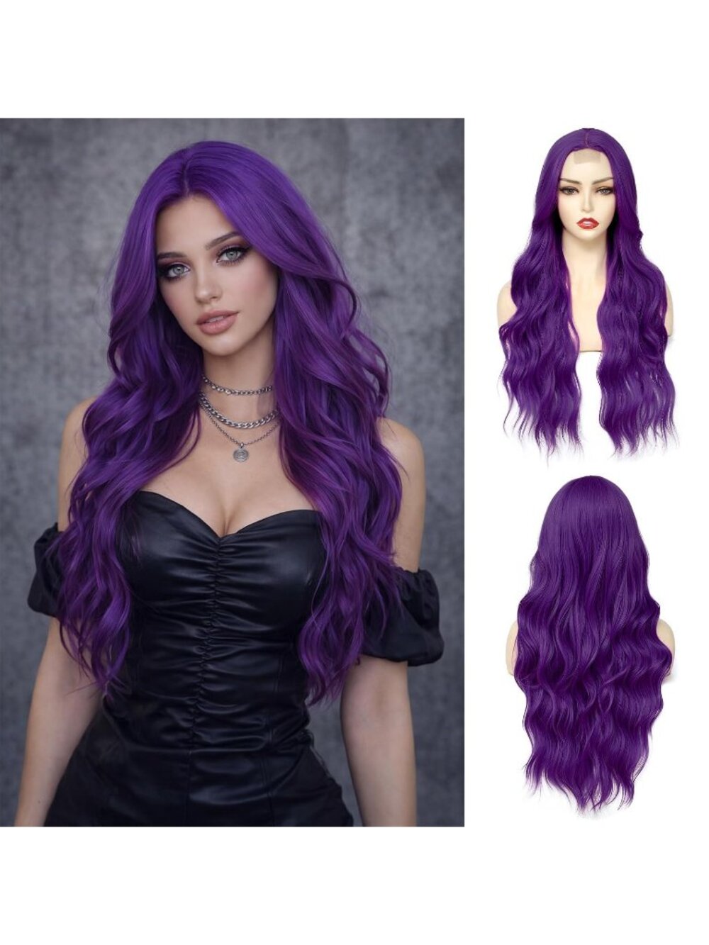 Women's Dark Purple 26 Inch Natural Looking Heat Resistant Long Wavy Wigs